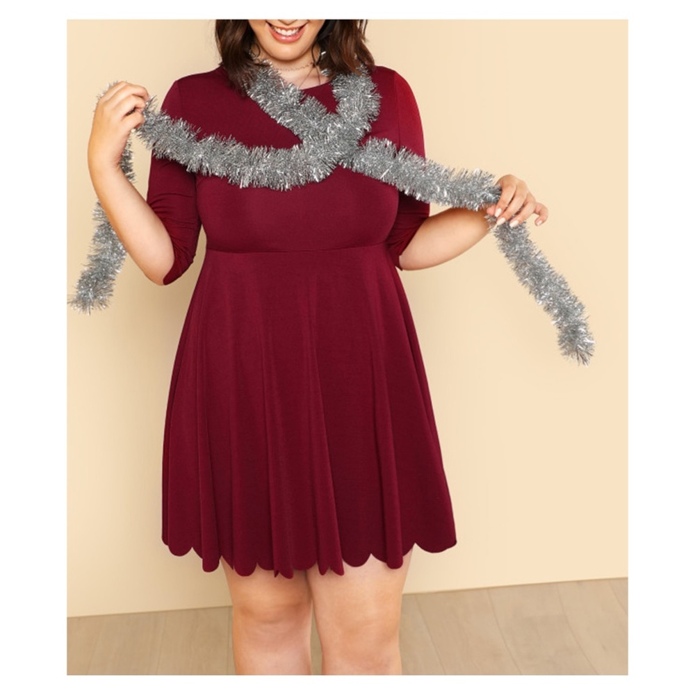 Burgundy Red 3/4 Sleeve Fit & Flare Scallop Dress - Picture 2 of 5